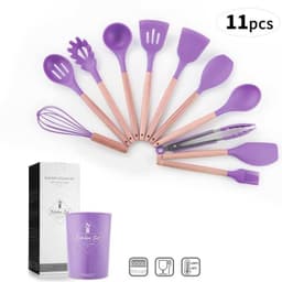 image-Cross-border stock storage barreled 11-piece silicone kitchenware set with wooden handle 11-piece seven-color silicone kitchenware set