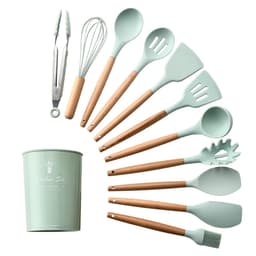 image-Cross-border stock storage barreled 11-piece silicone kitchenware set with wooden handle 11-piece seven-color silicone kitchenware set