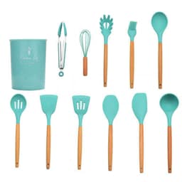 image-Cross-border stock storage barreled 11-piece silicone kitchenware set with wooden handle 11-piece seven-color silicone kitchenware set