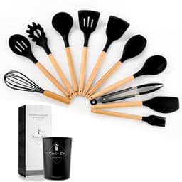 image-Cross-border stock storage barreled 11-piece silicone kitchenware set with wooden handle 11-piece seven-color silicone kitchenware set