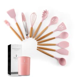 image-Cross-border stock storage barreled 11-piece silicone kitchenware set with wooden handle 11-piece seven-color silicone kitchenware set