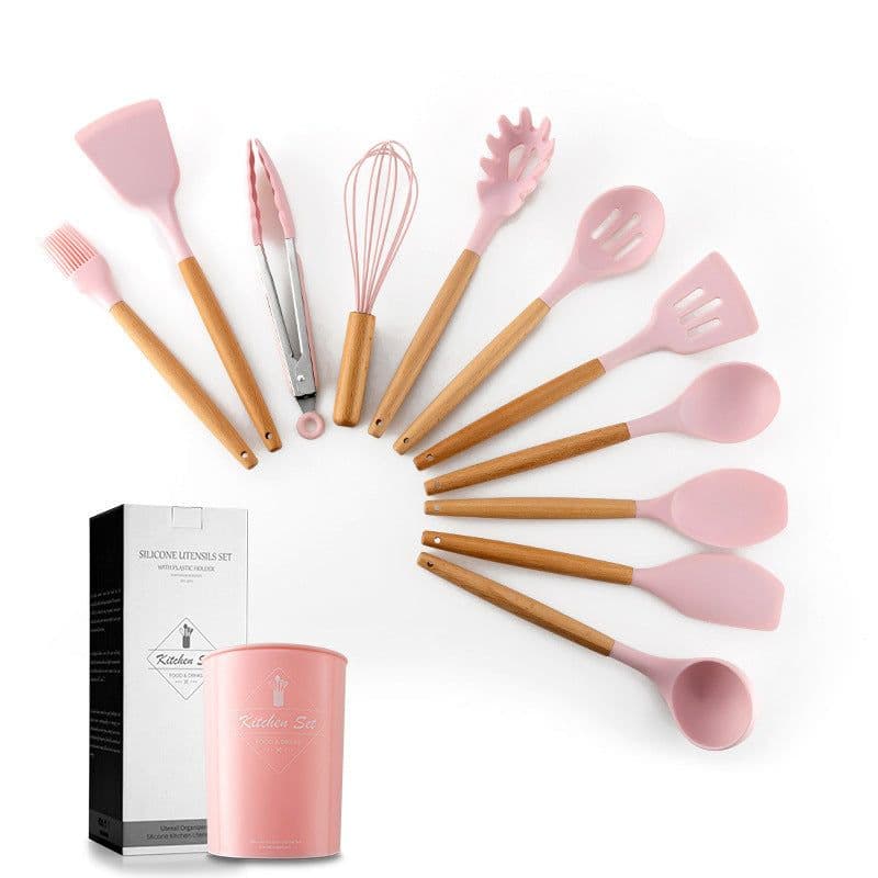 image-Cross-border stock storage barreled 11-piece silicone kitchenware set with wooden handle 11-piece seven-color silicone kitchenware set