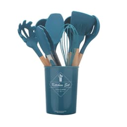 image-Cross-border stock storage barreled 11-piece silicone kitchenware set with wooden handle 11-piece seven-color silicone kitchenware set