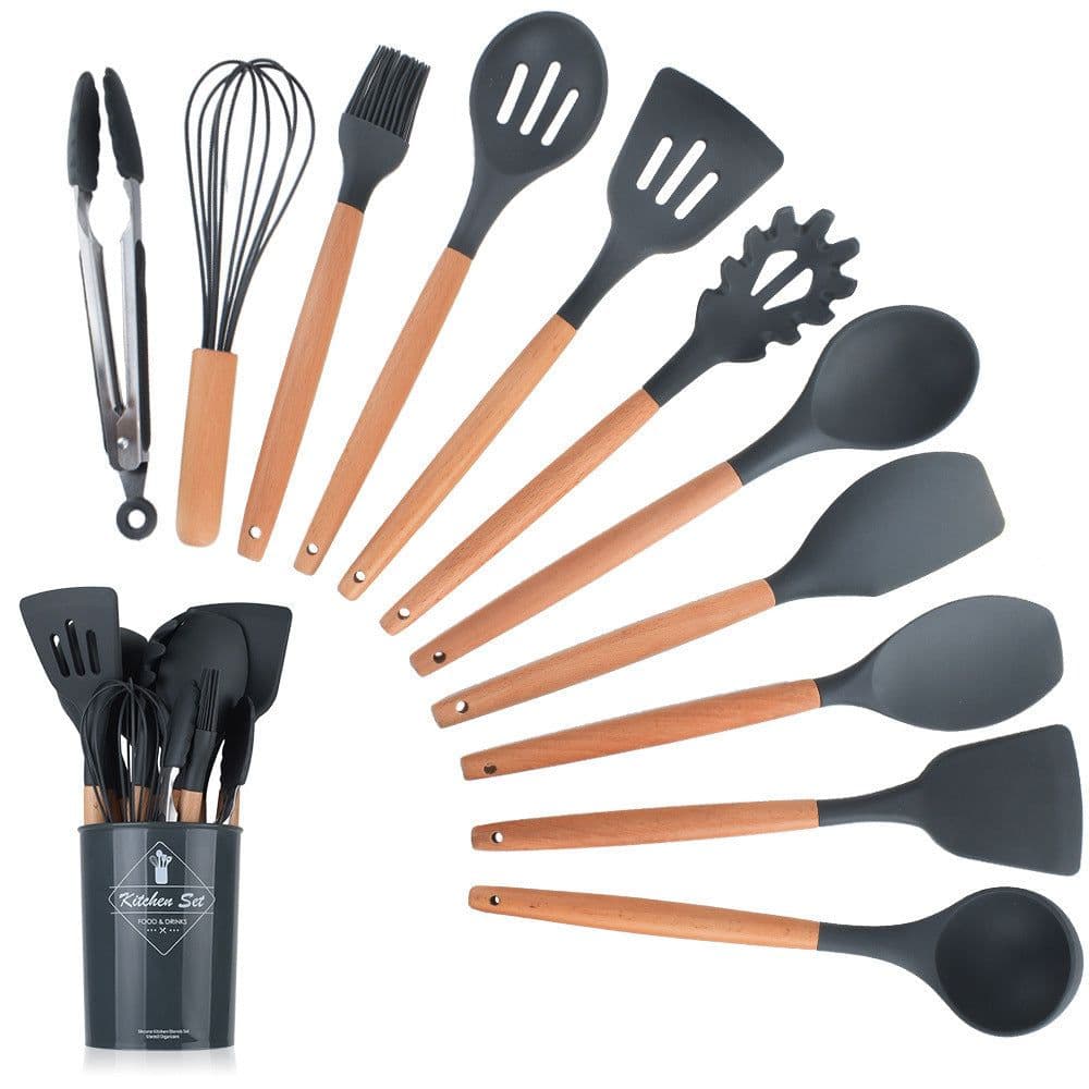 image-Cross-border stock storage barreled 11-piece silicone kitchenware set with wooden handle 11-piece seven-color silicone kitchenware set