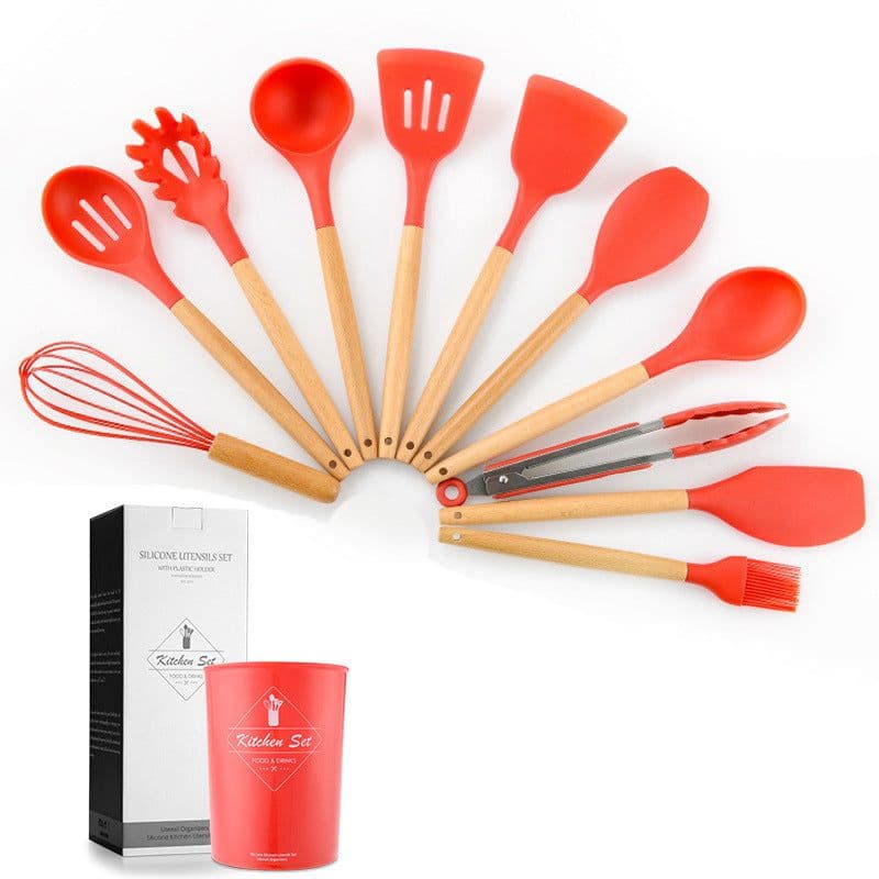 image-Cross-border stock storage barreled 11-piece silicone kitchenware set with wooden handle 11-piece seven-color silicone kitchenware set