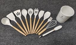 image-Cross-border stock storage barreled 11-piece silicone kitchenware set with wooden handle 11-piece seven-color silicone kitchenware set