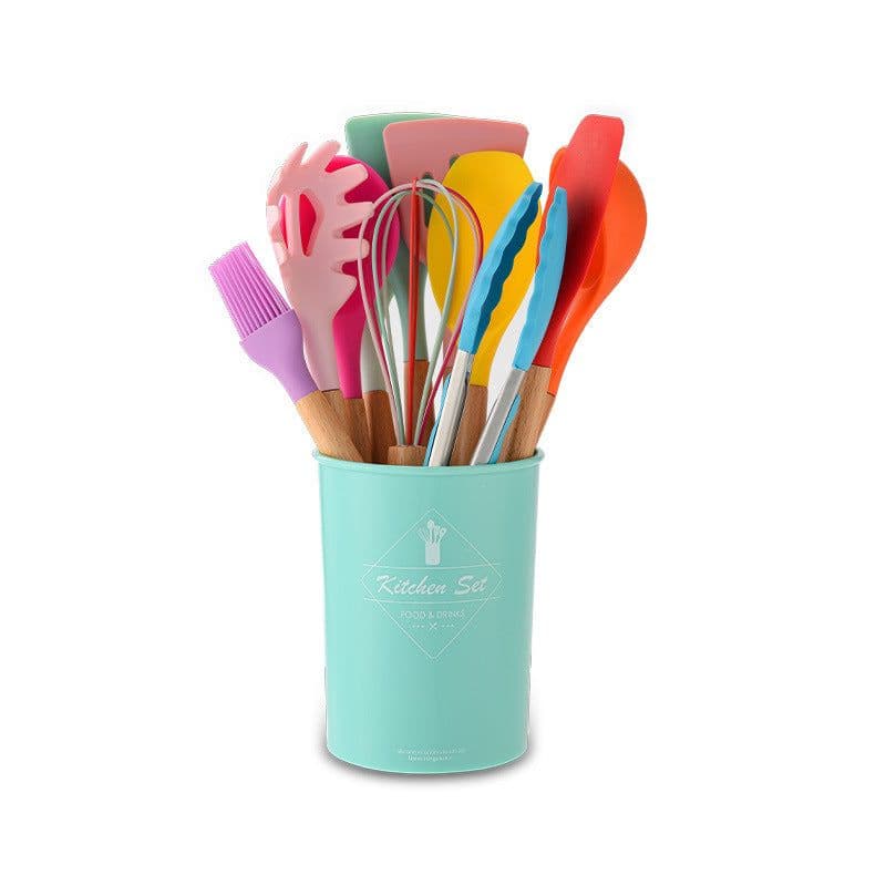 image-Cross-border stock storage barreled 11-piece silicone kitchenware set with wooden handle 11-piece seven-color silicone kitchenware set