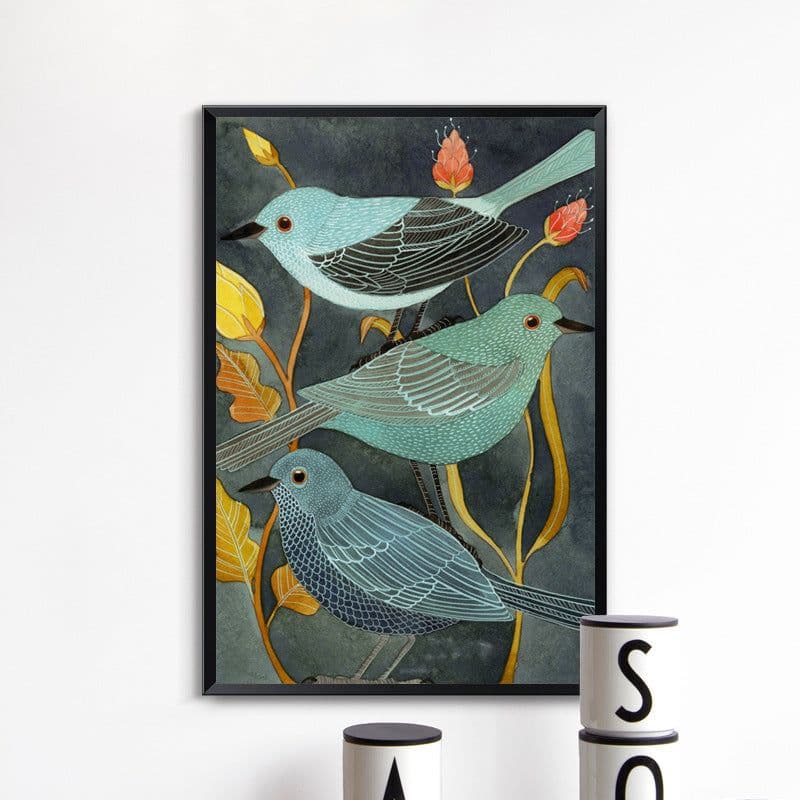 image-Home bedroom painting modern three little birds standing on the golden red flower branch decorative painting can be customized