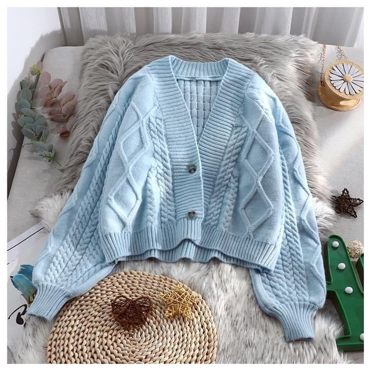 image-Free shipping Xiaoxiangfeng short knitted cardigan women's autumn new style Korean loose lazy lantern sleeve sweater