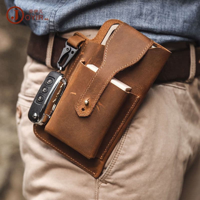 image-New leather phone bag men's retro multi-function phone pockets Crazy Horse leather belt pockets