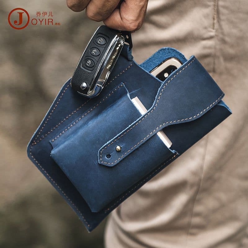 image-New leather phone bag men's retro multi-function phone pockets Crazy Horse leather belt pockets