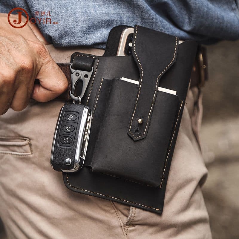 image-New leather phone bag men's retro multi-function phone pockets Crazy Horse leather belt pockets