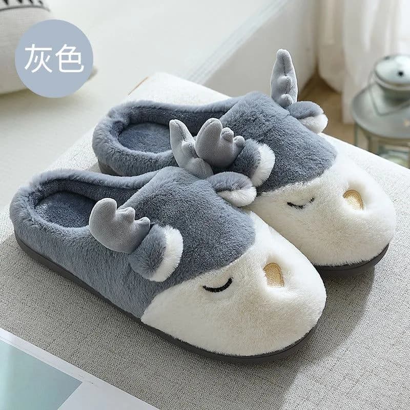 image-Plush cotton slippers female winter couples plush slippers indoor household cartoon cute antlers home cotton slippers for men