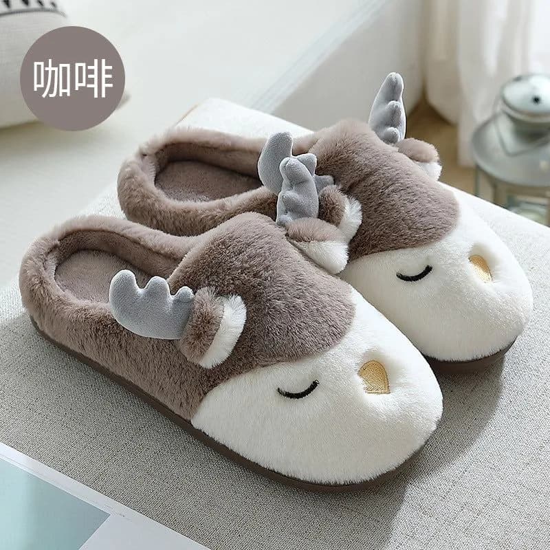image-Plush cotton slippers female winter couples plush slippers indoor household cartoon cute antlers home cotton slippers for men