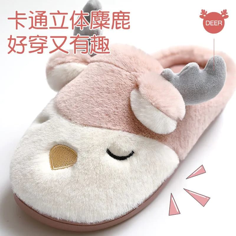 image-Plush cotton slippers female winter couples plush slippers indoor household cartoon cute antlers home cotton slippers for men
