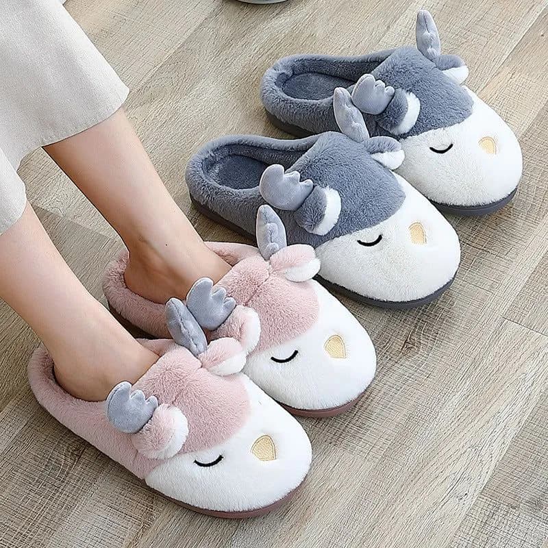 image-Plush cotton slippers female winter couples plush slippers indoor household cartoon cute antlers home cotton slippers for men