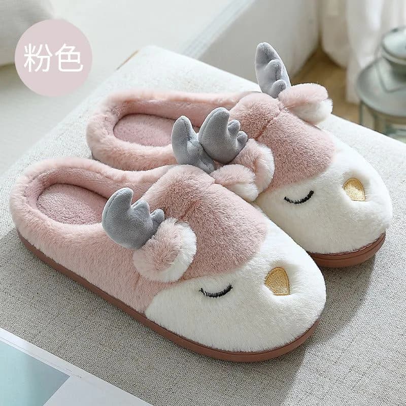 image-Plush cotton slippers female winter couples plush slippers indoor household cartoon cute antlers home cotton slippers for men
