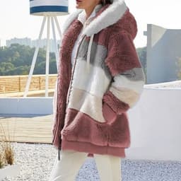 image-Cross-border Amazon hot models Europe and the United States 2021 autumn and winter warm plush patchwork zipper pocket hooded loose jacket women