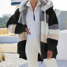 image-Cross-border Amazon hot models Europe and the United States 2021 autumn and winter warm plush patchwork zipper pocket hooded loose jacket women