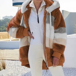image-Cross-border Amazon hot models Europe and the United States 2021 autumn and winter warm plush patchwork zipper pocket hooded loose jacket women