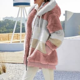image-Cross-border Amazon hot models Europe and the United States 2021 autumn and winter warm plush patchwork zipper pocket hooded loose jacket women