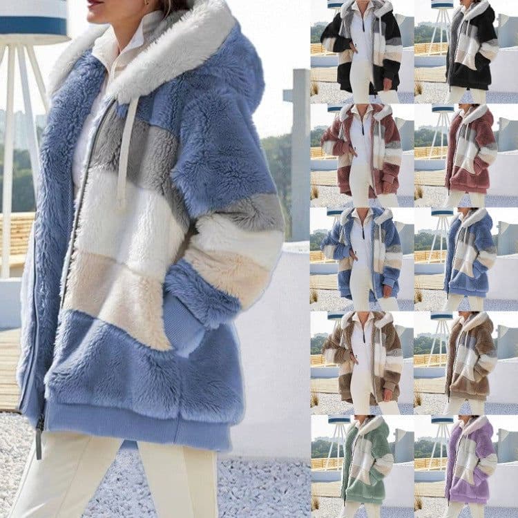 image-Cross-border Amazon hot models Europe and the United States 2021 autumn and winter warm plush patchwork zipper pocket hooded loose jacket women