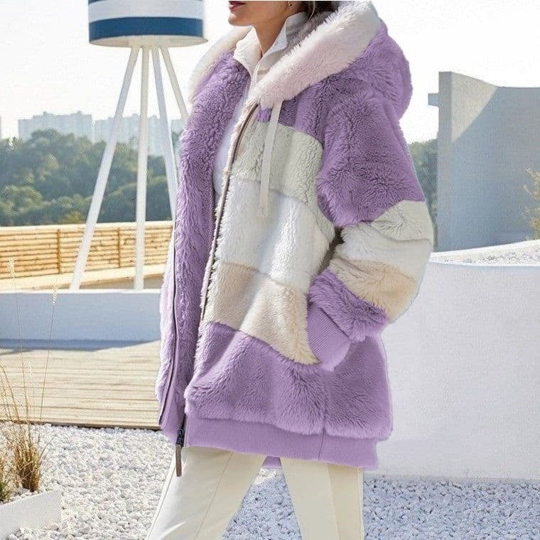 image-Cross-border Amazon hot models Europe and the United States 2021 autumn and winter warm plush patchwork zipper pocket hooded loose jacket women