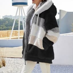 image-Cross-border Amazon hot models Europe and the United States 2021 autumn and winter warm plush patchwork zipper pocket hooded loose jacket women