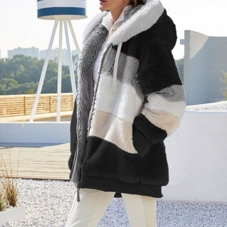 image-Cross-border Amazon hot models Europe and the United States 2021 autumn and winter warm plush patchwork zipper pocket hooded loose jacket women