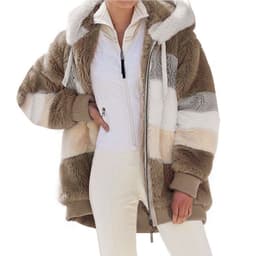 image-Cross-border Amazon hot models Europe and the United States 2021 autumn and winter warm plush patchwork zipper pocket hooded loose jacket women