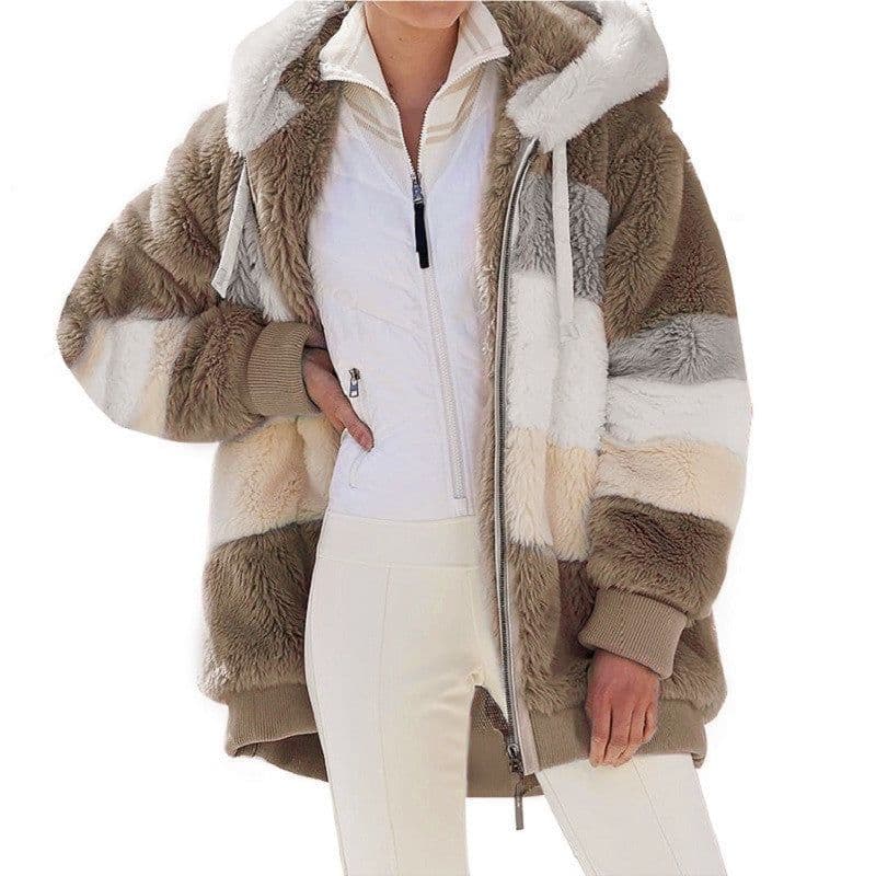 image-Cross-border Amazon hot models Europe and the United States 2021 autumn and winter warm plush patchwork zipper pocket hooded loose jacket women