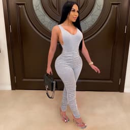 image-SJ3303 Amazon's new top tight-fitting backless V-neck jumpsuit pleated jogging sports suit two-piece suit