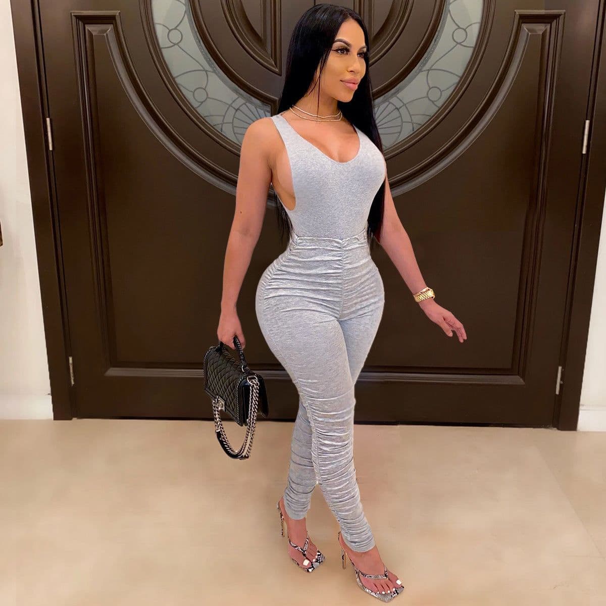 image-SJ3303 Amazon's new top tight-fitting backless V-neck jumpsuit pleated jogging sports suit two-piece suit