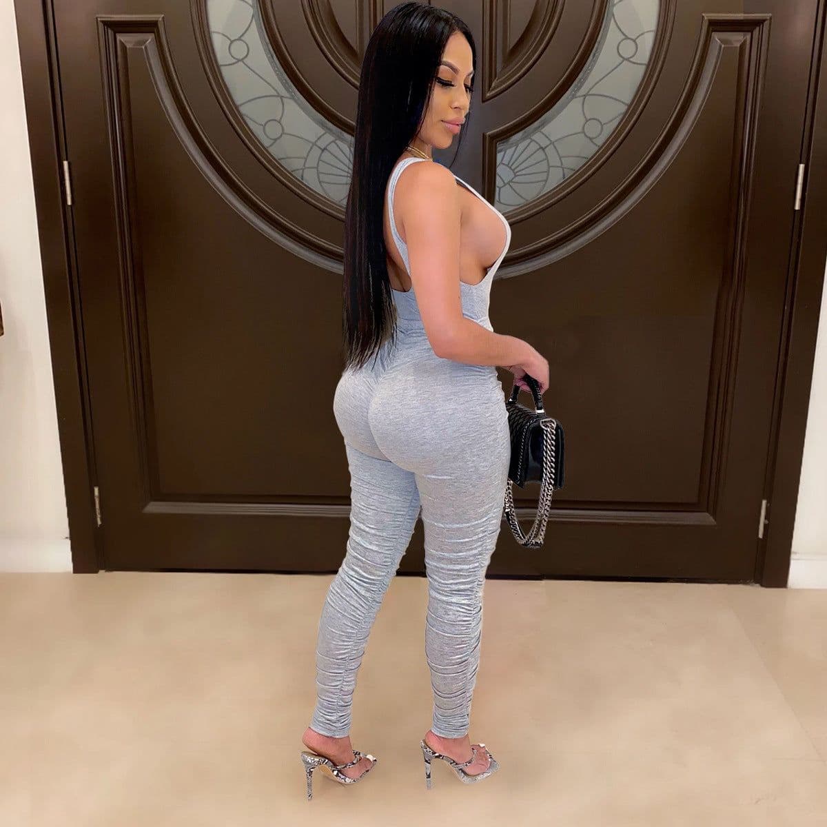 image-SJ3303 Amazon's new top tight-fitting backless V-neck jumpsuit pleated jogging sports suit two-piece suit