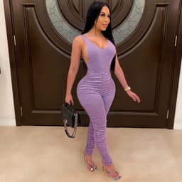 image-SJ3303 Amazon's new top tight-fitting backless V-neck jumpsuit pleated jogging sports suit two-piece suit