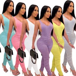 image-SJ3303 Amazon's new top tight-fitting backless V-neck jumpsuit pleated jogging sports suit two-piece suit