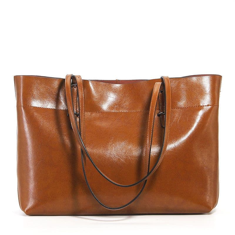 image-Factory direct sales 2020 new leather handbags fashion oil wax cowhide big bag portable single shoulder bag one drop shipping