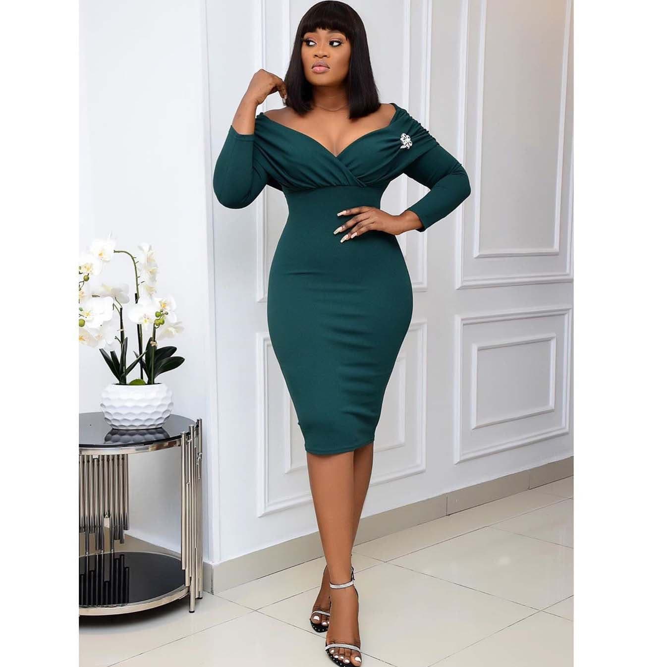 image-2020 Amazon Independent Station Autumn Europe and America Cross-border African Women's Large Size V-neck Pleated Long Sleeve European and American Dress
