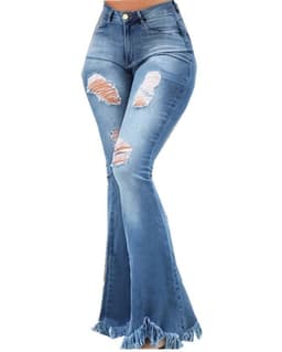 image-Cool fashion personality, worn-out holes, white high-waisted jeans, thin, fringed fringe, weird denim jeans, ladies trousers