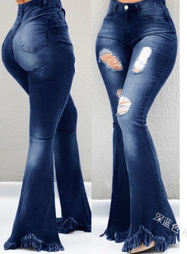 image-Cool fashion personality, worn-out holes, white high-waisted jeans, thin, fringed fringe, weird denim jeans, ladies trousers