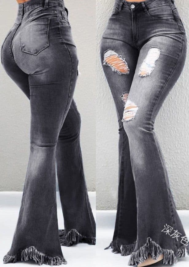 image-Cool fashion personality, worn-out holes, white high-waisted jeans, thin, fringed fringe, weird denim jeans, ladies trousers
