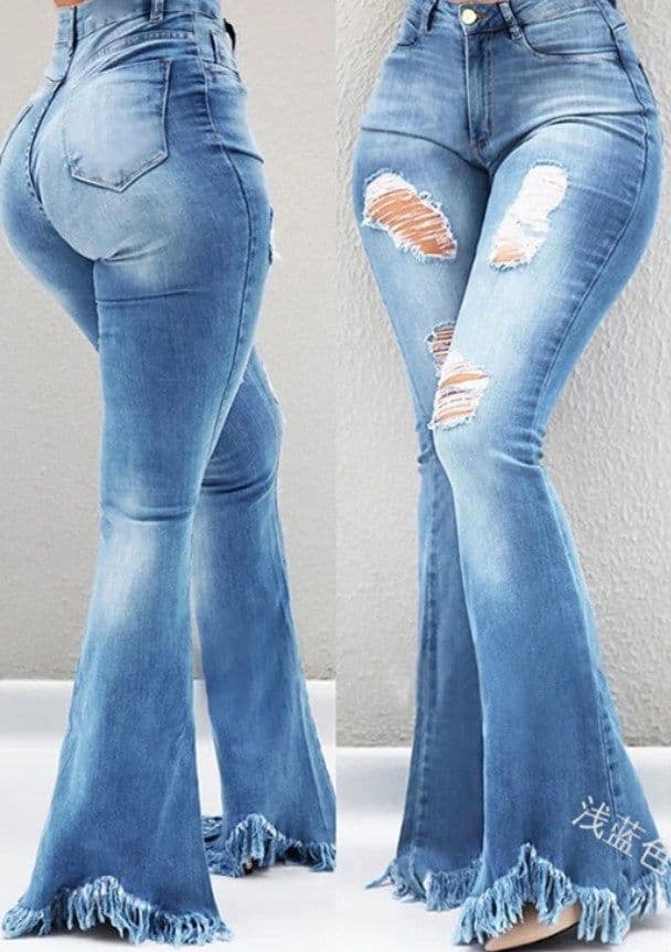 image-Cool fashion personality, worn-out holes, white high-waisted jeans, thin, fringed fringe, weird denim jeans, ladies trousers