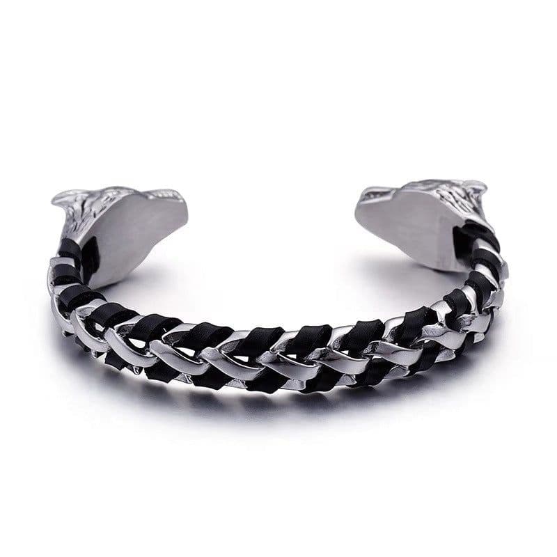 image-European and American domineering titanium steel men's bracelet open double faucet titanium steel bracelet personality trend men's wolf head bracelet