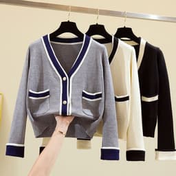 image-2020 early autumn Korean version of small fragrance style contrast color V-neck cardigan single-breasted short knit sweater women's sweater jacket