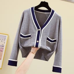 image-2020 early autumn Korean version of small fragrance style contrast color V-neck cardigan single-breasted short knit sweater women's sweater jacket