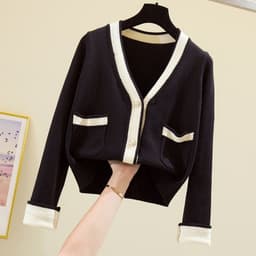 image-2020 early autumn Korean version of small fragrance style contrast color V-neck cardigan single-breasted short knit sweater women's sweater jacket