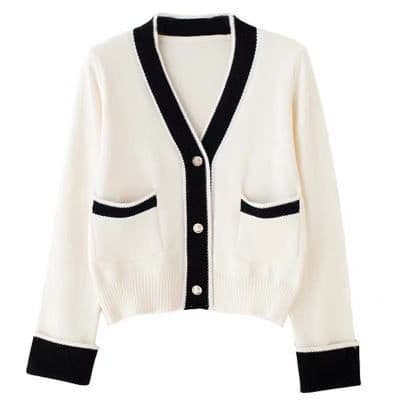 image-2020 early autumn Korean version of small fragrance style contrast color V-neck cardigan single-breasted short knit sweater women's sweater jacket