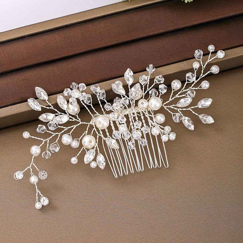 image-Korean version of crystal metal pearl hair comb rhinestone silk flower comb headdress European style noble and elegant bridal hair accessories