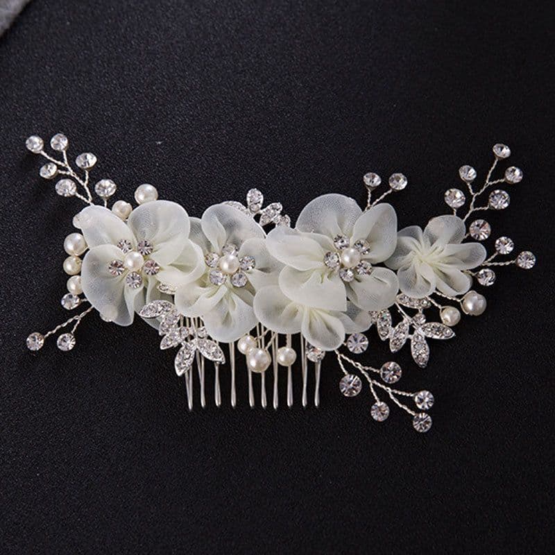 image-Korean version of crystal metal pearl hair comb rhinestone silk flower comb headdress European style noble and elegant bridal hair accessories