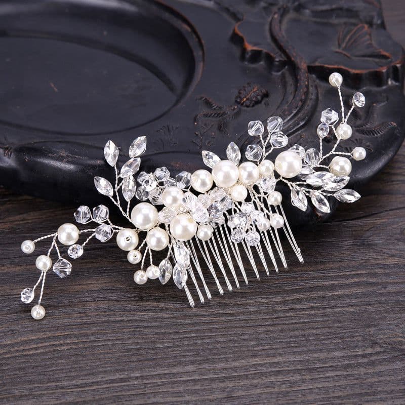 image-Korean version of crystal metal pearl hair comb rhinestone silk flower comb headdress European style noble and elegant bridal hair accessories
